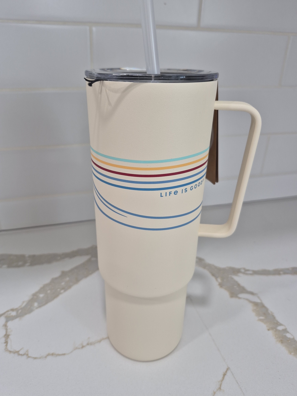 Life Is Good Cream Travel Tumbler with Rainbow Wave Stripe Handle